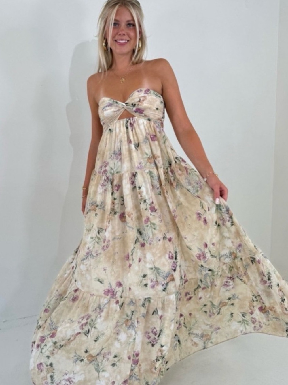 Strapless Floral Maxi Dress in Cream Floral Print